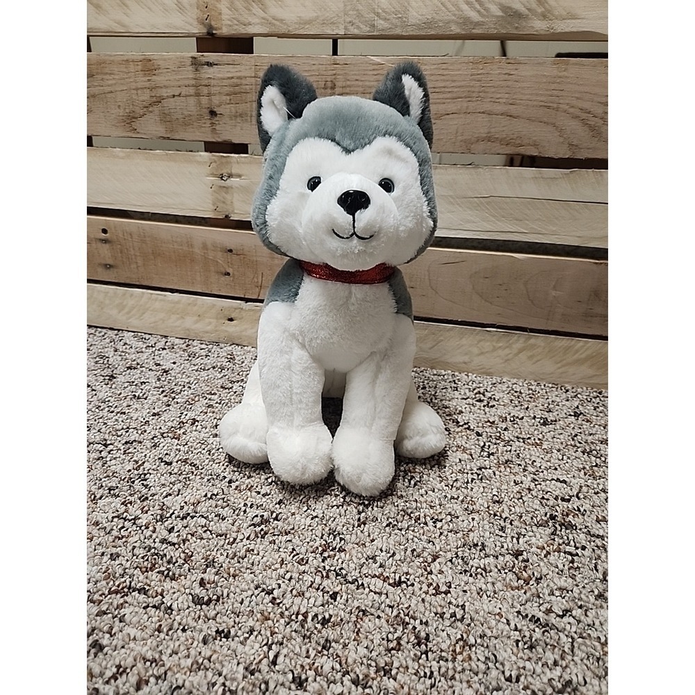 FAO Schwarz Realistic Gray White Husky Dog Plush Wolf 12" Stuffed Animal